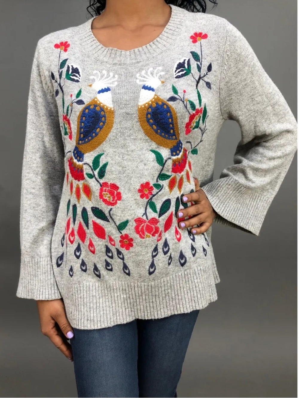 LOFT Gray Crewneck Sweater Folksy Embroidered Birds Floral Parisian Bell Sleeves